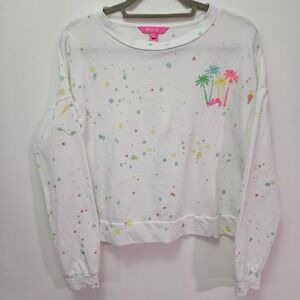 Lilly Pulitzer White Splatter Tropical Sweatshirt Sz XS Cotton Casual Resortwear